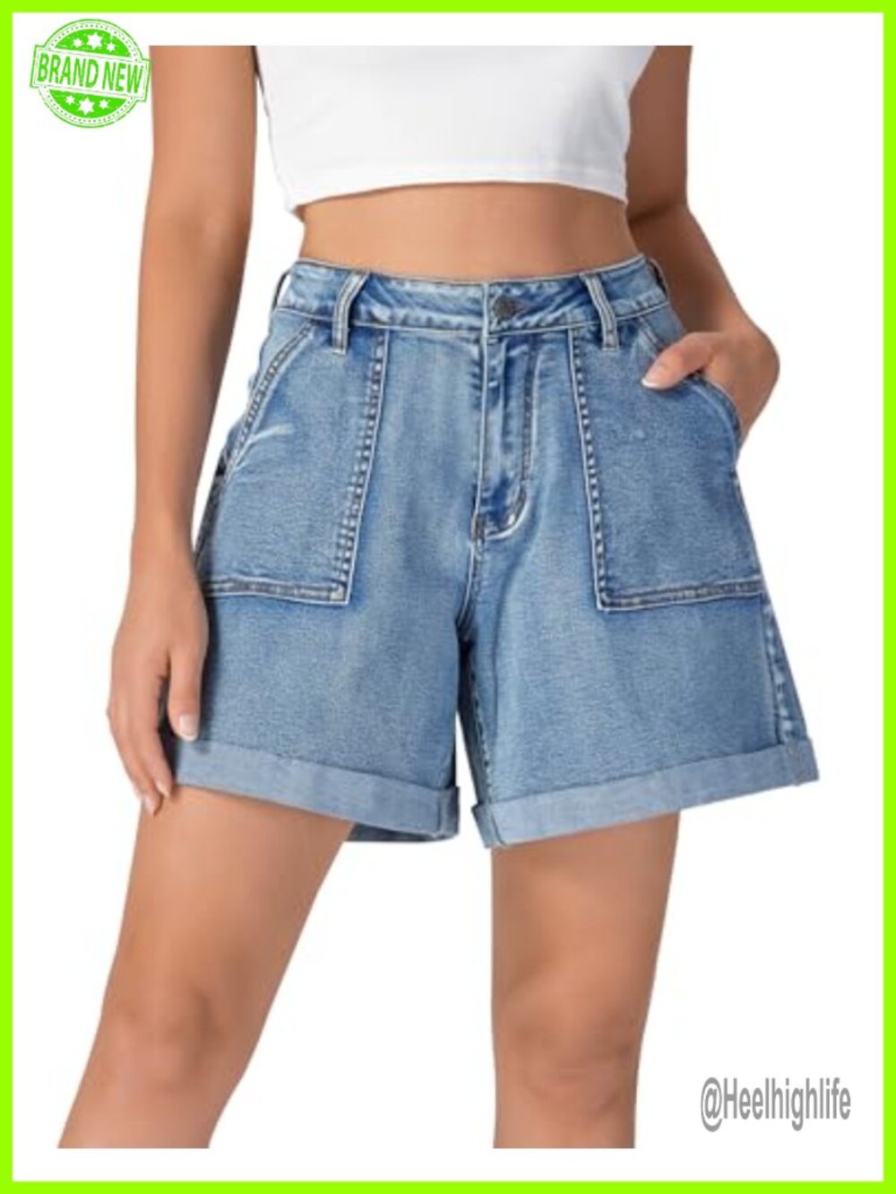 Women's Stretch Denim Jean Shorts with Cuffed Hem, Relaxed Fit, 5.7" Inseam,